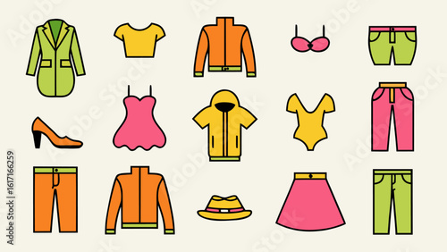 Comprehensive collection of apparel and style symbols featuring garments accessories and sartorial elements for diverse design applications