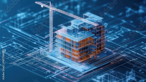 Fototapeta Naklejka Na Ścianę i Meble -  construction building information modeling bim concept with 3d model and blueprints vector illustration