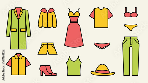 Comprehensive collection of apparel and style pictograms showcasing garments and accessories for fashion industry needs