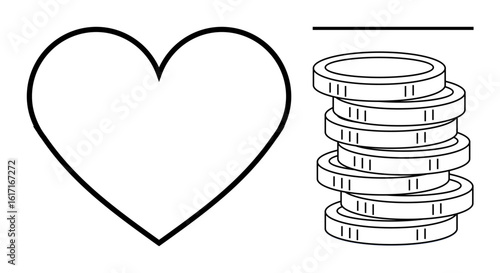Heart outline beside a stack of coins conveying the ideas of love, wealth, value, and balance. Ideal for charity, donations, finance, relationships, emotional wealth social responsibility simple