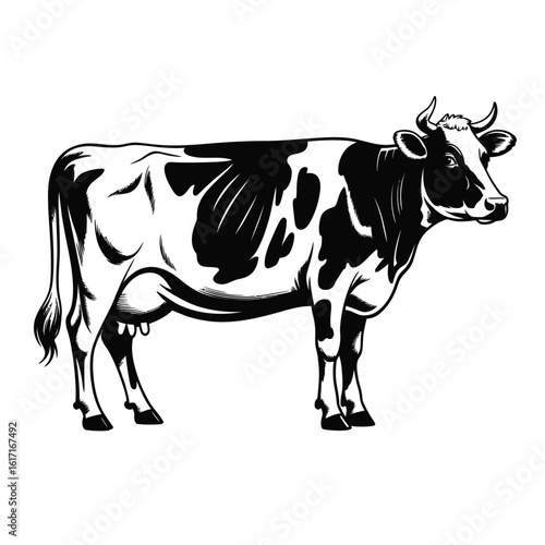 Black and white illustration of a holstein friesian cow standing