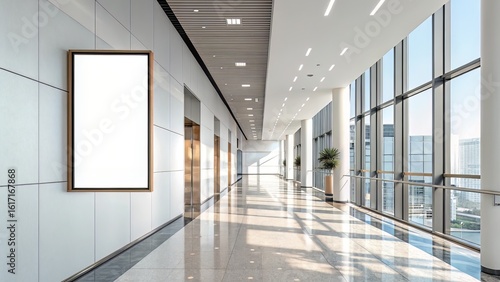 Interior corridor with vertical frame on plain light wall  modern design features and natural reflections