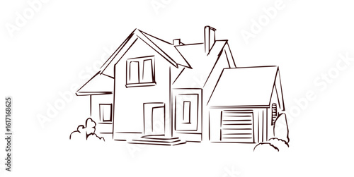 Outline drawing of a two story house with a garage and a chimney on a white background sketch style