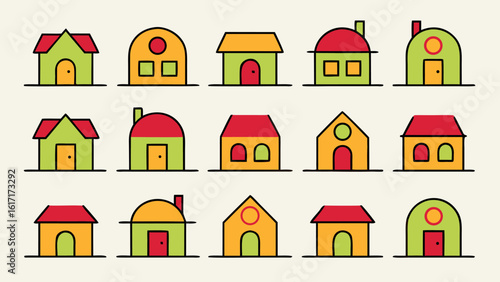 Diverse assortment of vividly colored residential dwelling graphics featuring various architectural styles and facades for property related projects