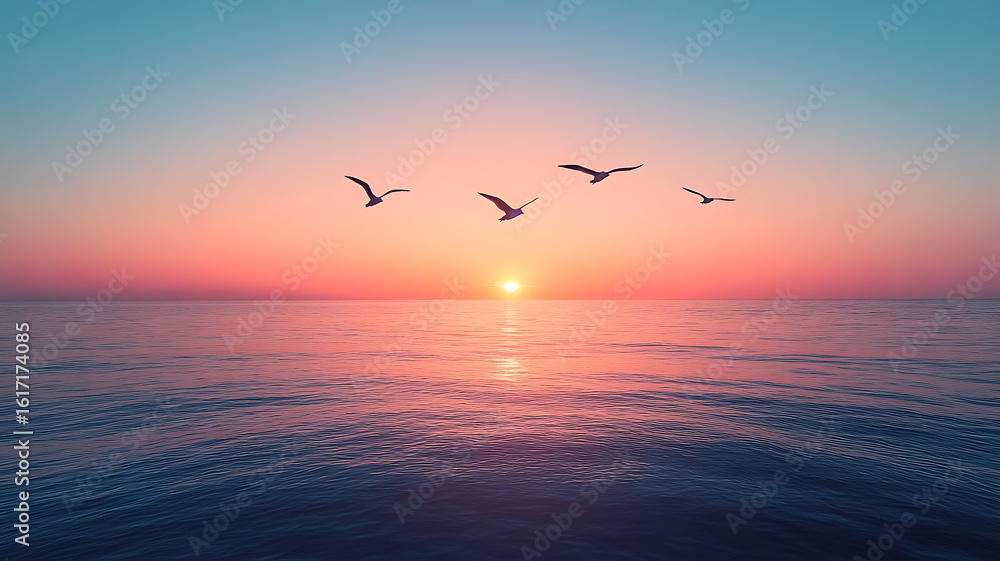 Fototapeta premium Tranquil Coastal Sunset with Flock of Birds in Silhouette