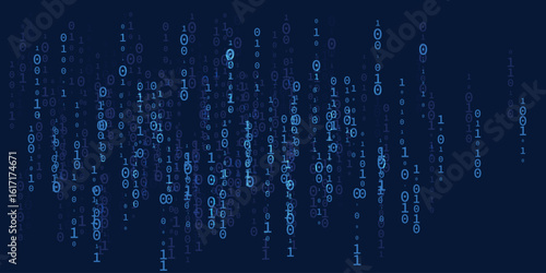 Blue binary code background with falling zeros and ones. Digital data, cybersecurity, tech concept.
