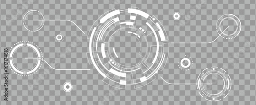 White HUD interface elements and circles on transparent background. Futuristic technology data display.