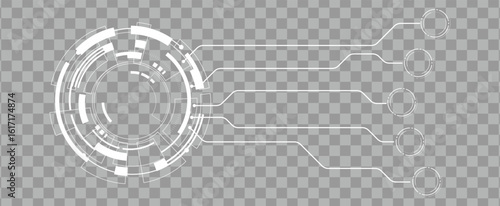 White futuristic HUD interface with connecting lines on transparent background. Technology data flow concept