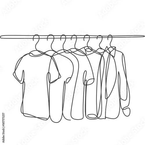 Minimalist line art drawing of clothes hanging on a clothesline