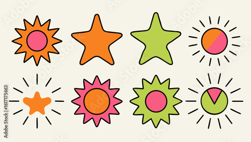 Vibrant hand drawn sunburst and movement graphics collection with comic expression elements in bright colors