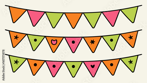 Vibrant colorful hanging party flags in a celebratory arrangement perfect for festive occasions and decorations showcasing a bright and cheerful design