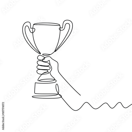 Hand holding a trophy in continuous line drawing style