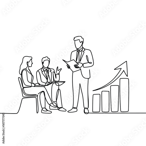 Business meeting with upward trending graph and team collaboration