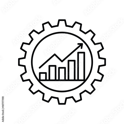 Business growth and development represented by a gear with a rising bar chart and arrow