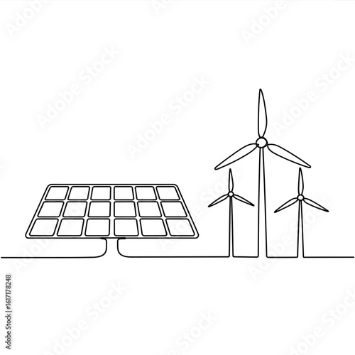 Minimalist single line drawing of solar panels and wind turbines representing renewable energy