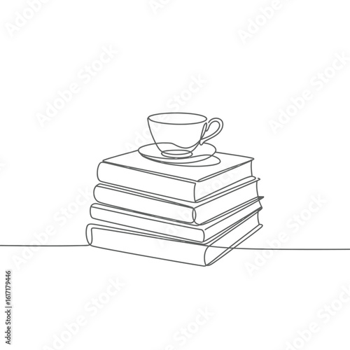 Minimalist line drawing of a stack of books with a cup of coffee
