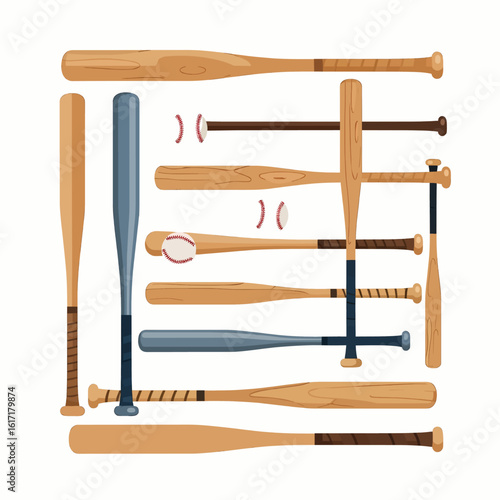 Vector Collection of Wooden and Metal Baseball Bats