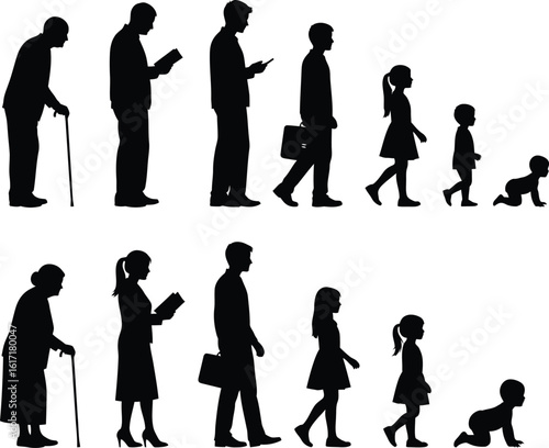 Silhouettes of people representing different stages of human life from infancy to old age shown in two rows