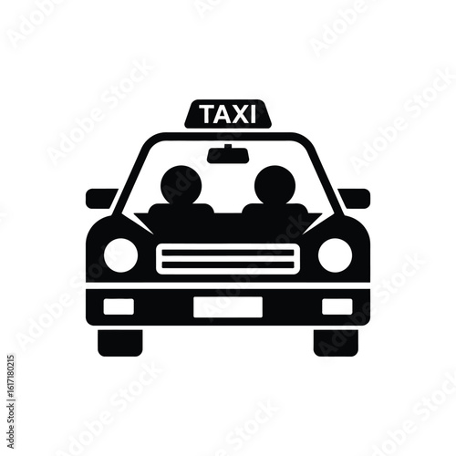 Black and white icon of a taxi cab with two passengers inside