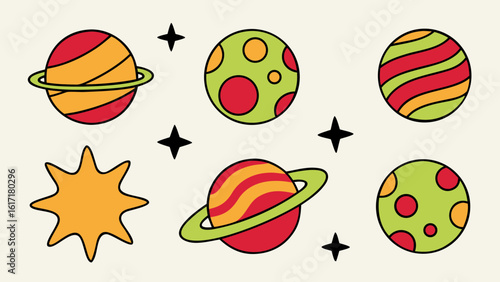 Charming hand drawn celestial bodies and streaking comets collection featuring planets in vibrant crayon style