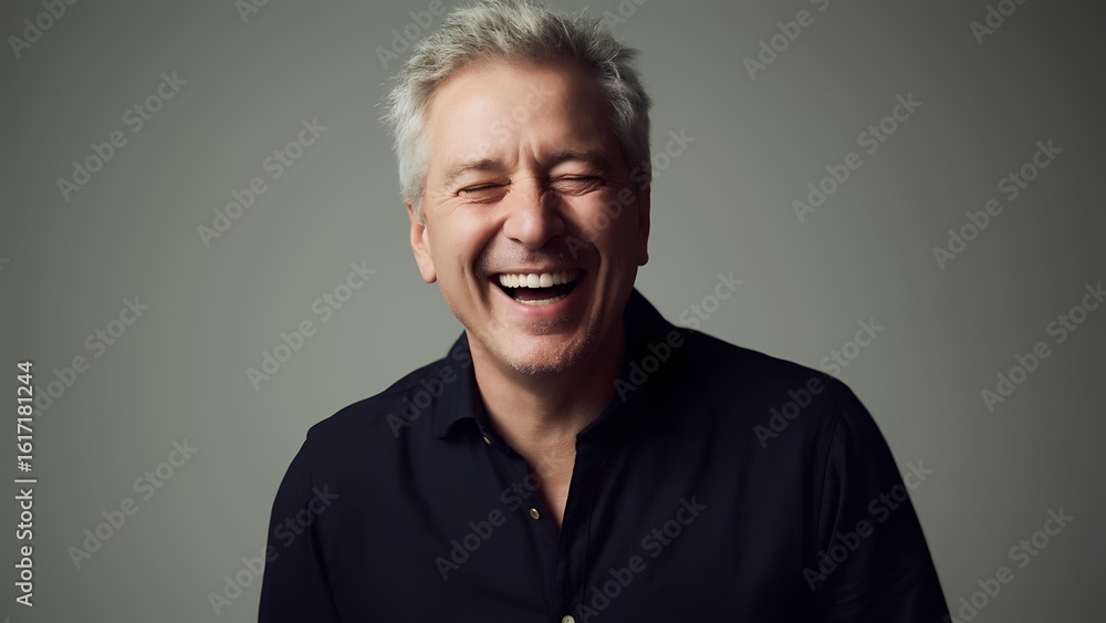 Obraz premium Joyful laughter of a middle-aged man in a studio setting portrait photography soft lighting happy vibes