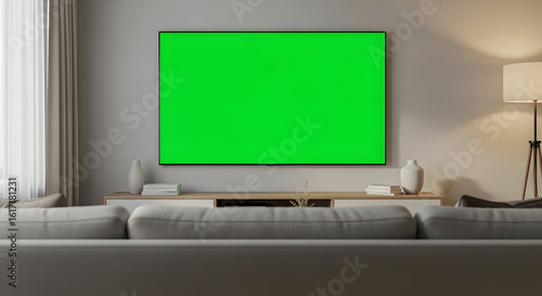Television with green screen in a modern living room interior