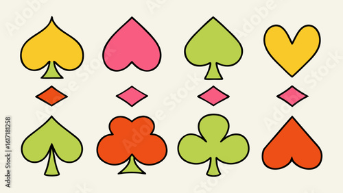 Hand drawn poker card emblems featuring hearts clubs and spades in a playful crayon like artistic style suitable for banners or advertisements