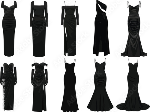 Collection of elegant black evening gowns showcasing diverse styles and silhouettes for formal occasions and red carpet events