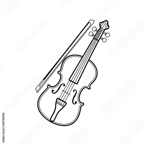 Hand drawn sketch of a violin and bow on a white background