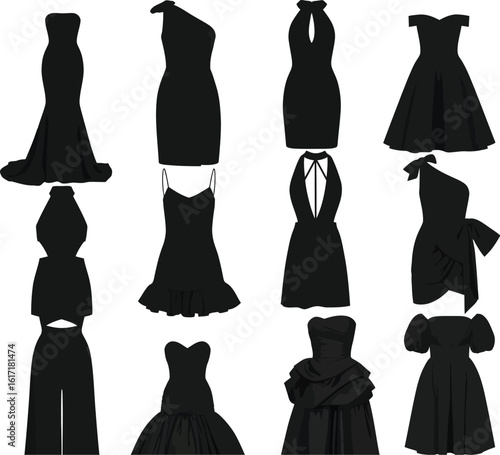 Collection of elegant black evening gowns and formal dresses displayed in a grid showcasing diverse styles and silhouettes
