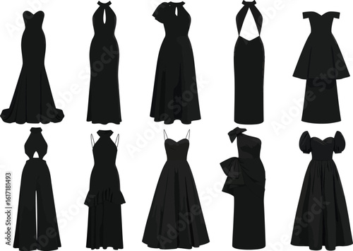 Collection of elegant black evening gowns and formal dresses showcasing diverse styles and silhouettes for special occasions
