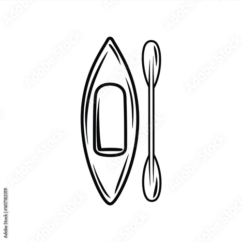 Hand drawn sketch of a kayak and paddle on a white background