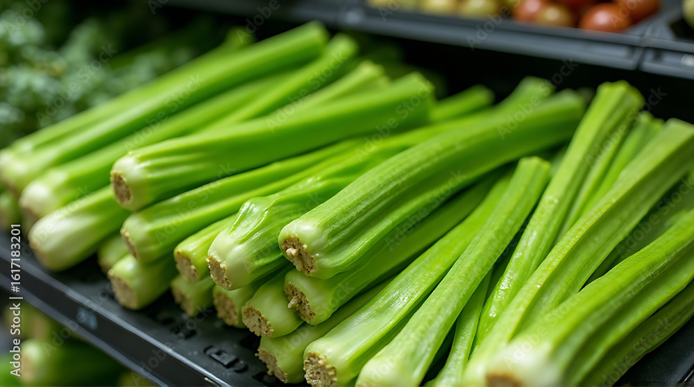Obraz premium Fresh and Vibrant Celery Stalks on Display at a Supermarket Shelf