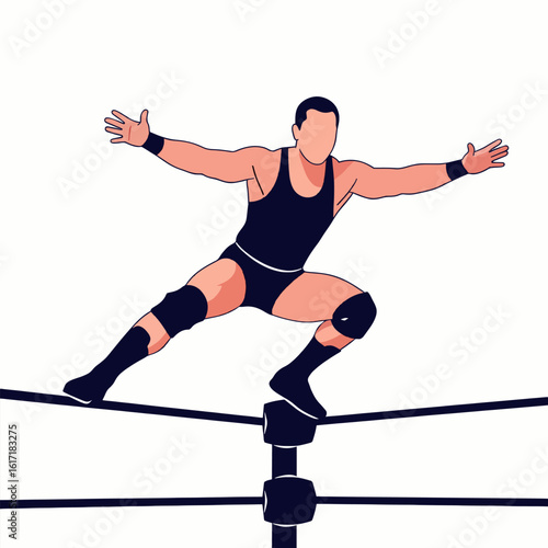 Wrestler Preparing to Leap from Corner Rope â€” Flat Vector Pose