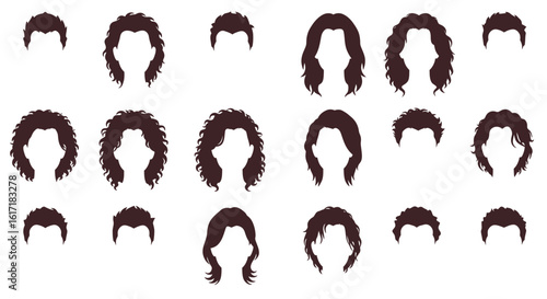 Silhouette illustrations of various hairstyles for men and women.