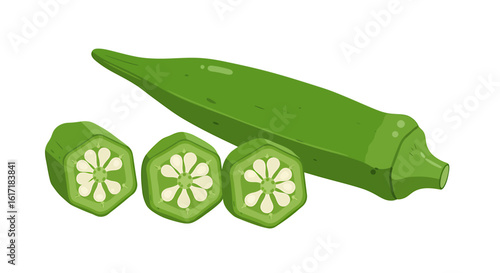 Illustration of a whole okra pod with three cross-sectional slices, showcasing the internal seed arrangement.