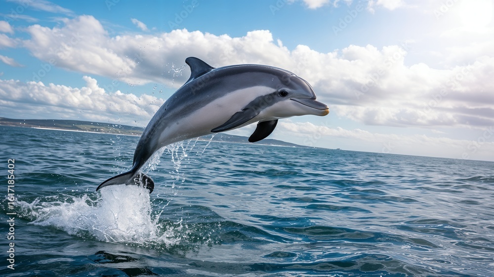Fototapeta premium Dolphin Leaping Gracefully Above Vibrant Ocean Waves