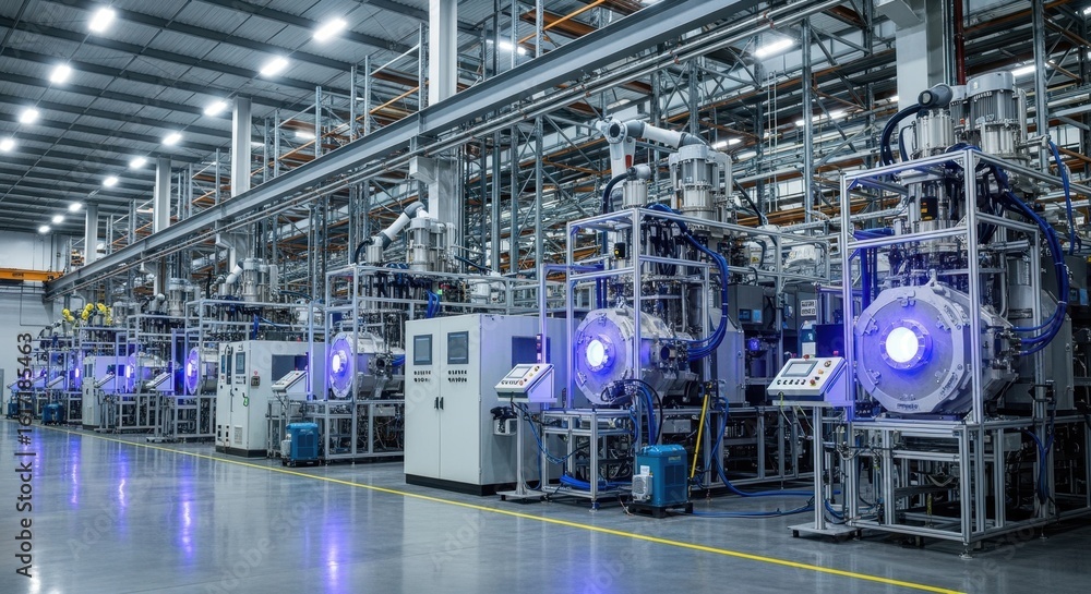 Fototapeta premium Largescale manufacturing hall with deepultraviolet laser crystal growth furnaces lined up along polished concrete floors and steel racks.