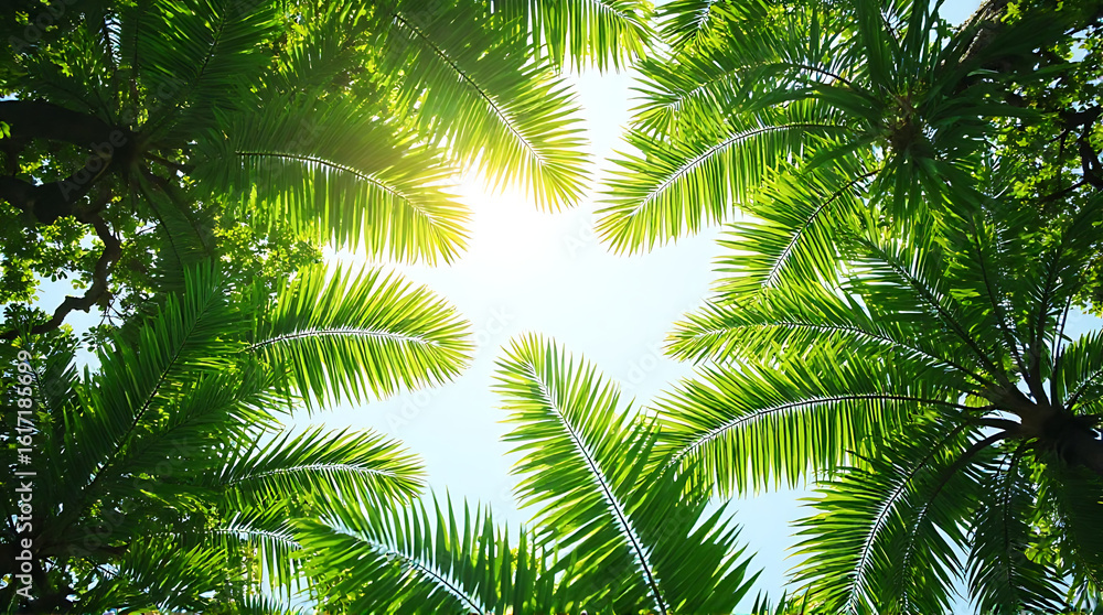 Fototapeta premium Lush palm trees and sunlight create a tropical paradise atmosphere