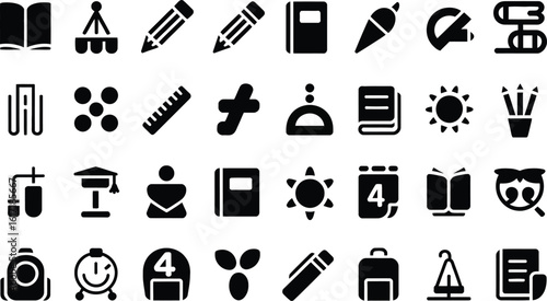 Collection of black school and office supply icons