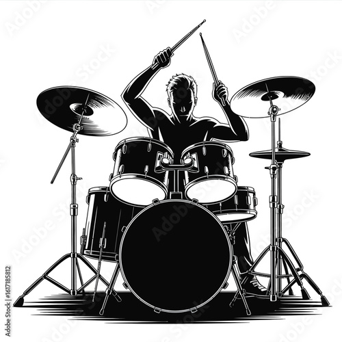 Silhouette of a drummer playing a drum set with drumsticks raised