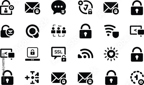 Collection of black security and technology icons lock