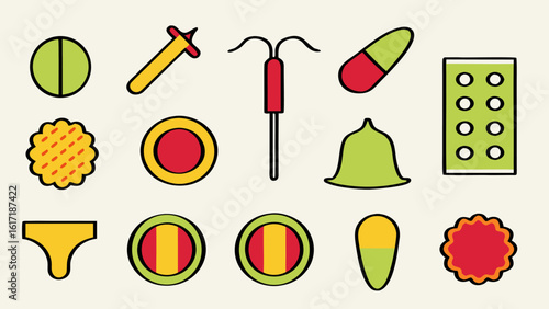 Conceptual illustration showcasing various methods of female reproductive health management and birth control options presented in a clear visual format