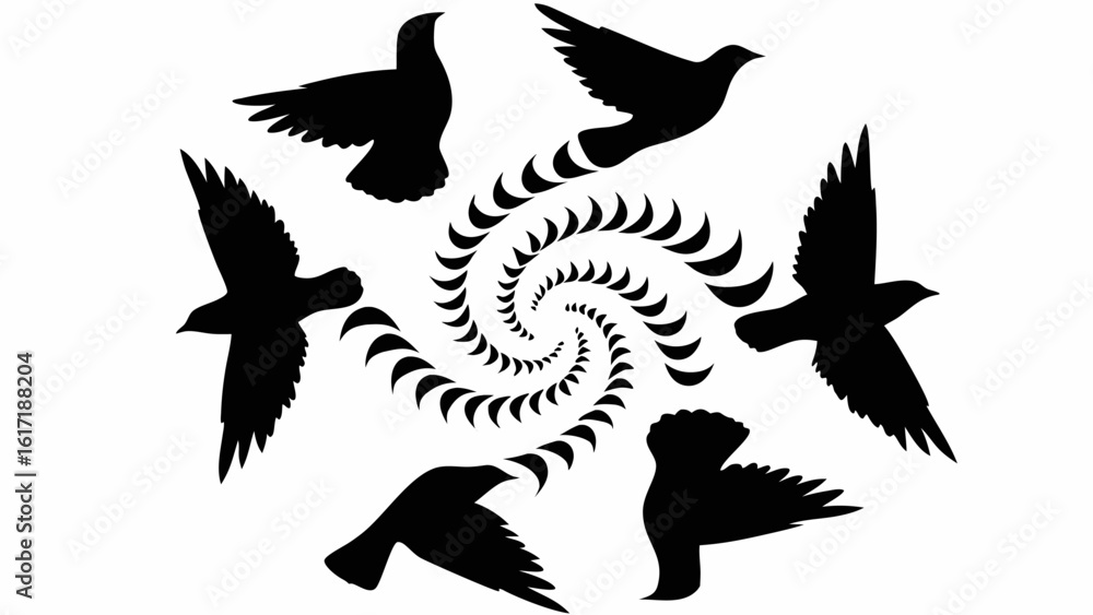 Fototapeta premium Silhouetted birds in flight surrounding a spiral design creating a dynamic and visually engaging image