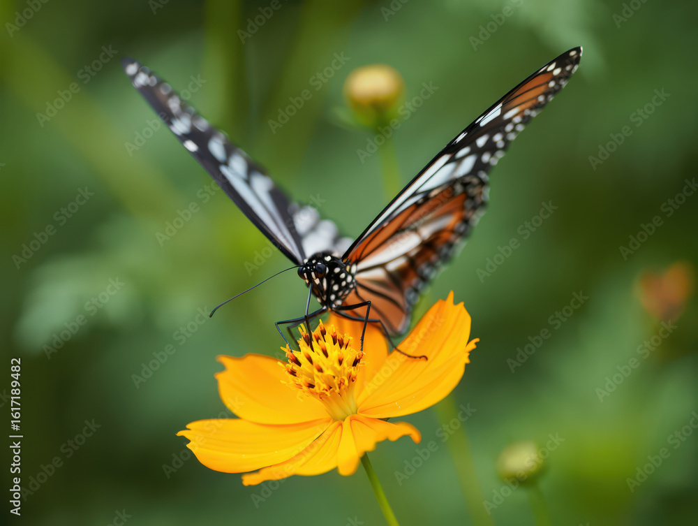 Striking Monarch Butterfly Feeding on Vibrant Yellow Cosmos Flower in a Lush Garden Setting Showcasing Pollination and the Interconnectedness of Nature Striking Monarch Butterfly Feeding on Vibrant Yellow Cosmos Flower in a Lush Garden Setting Showcasing Pollination and the Interconnectedness of Nature