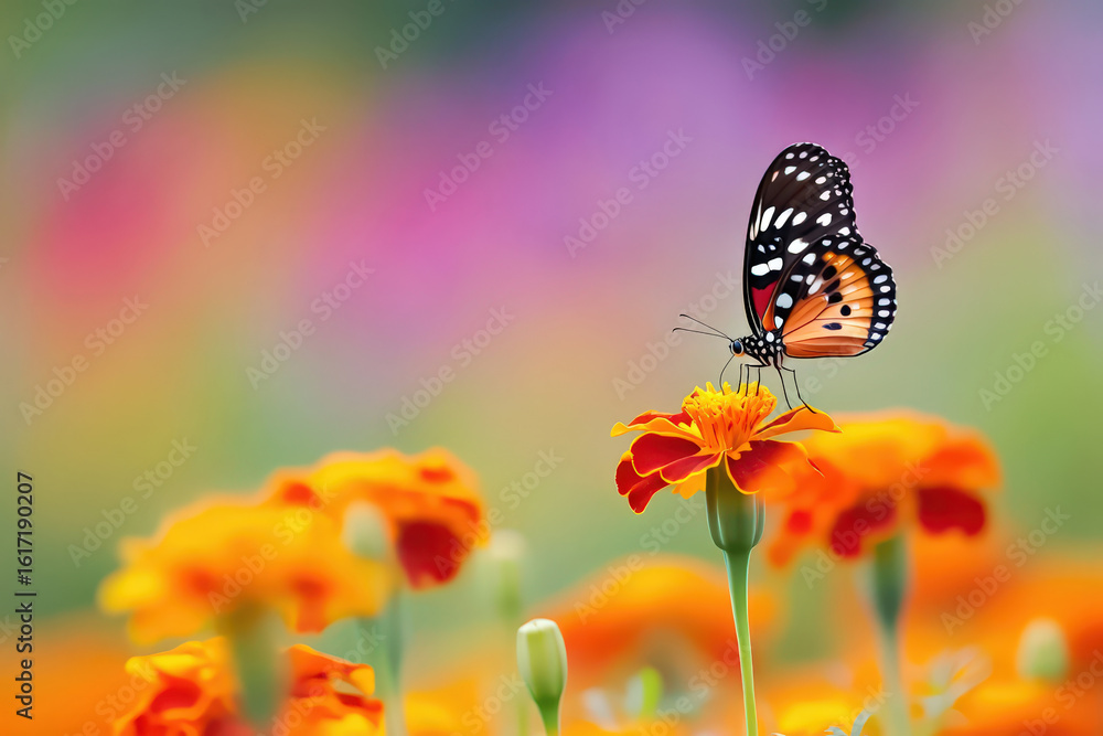 Naklejka premium Vibrant Monarch Butterfly Perched Gracefully on a Marigold Flower, Showcasing the Vivid Colors and Intricate Details of Nature's Delicate Creations