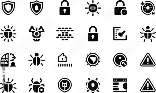 Cybersecurity icons including shields locks and bugs