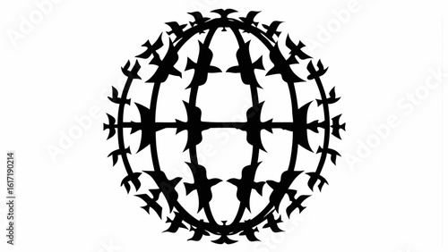 Black and white vector illustration of a globe encircled by birds and stylized barbed wire design silhouette
