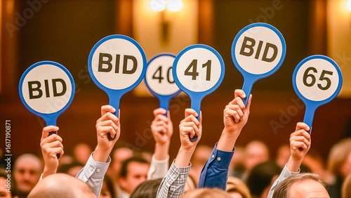 Excited bidders raise paddles at auction, signaling active participation and bidding wars