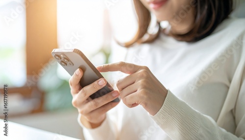 A woman's hand operating a smartphone in a bright, sunny room